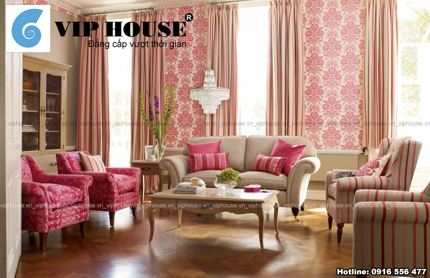 Thiết kế phòng khách duyên dáng với gam màu hồng